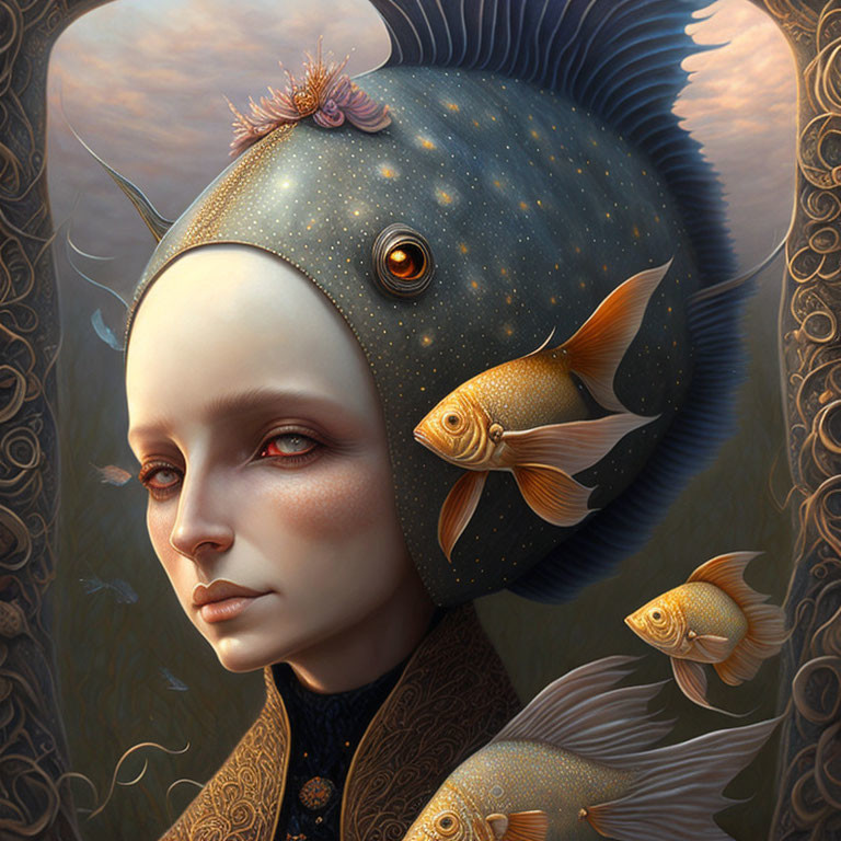 Person with Fish Headpiece Surrounded by Goldfish on Ornate Golden Backdrop