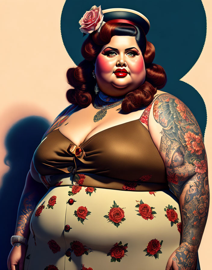 Confident plus-sized woman with tattoos and vintage attire.
