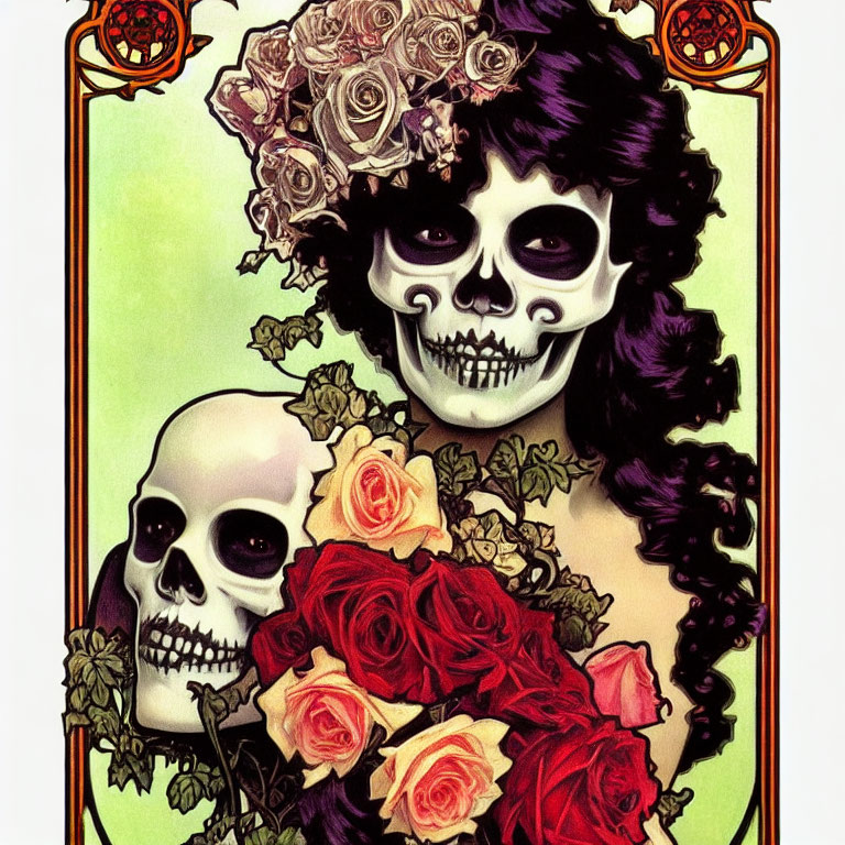 Stylized skulls with roses and Art Nouveau border illustration