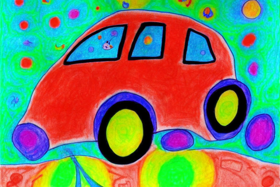 Child's Drawing: Red Car with Large Wheels on Colorful Background