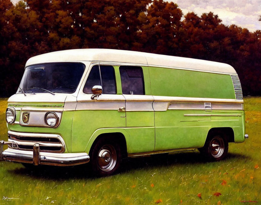 Vintage Green and White Van Parked on Grass with Trees in Background