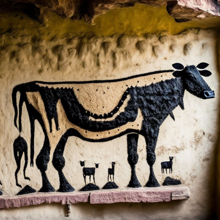 Stylized black and white cow mural with smaller cows on textured wall