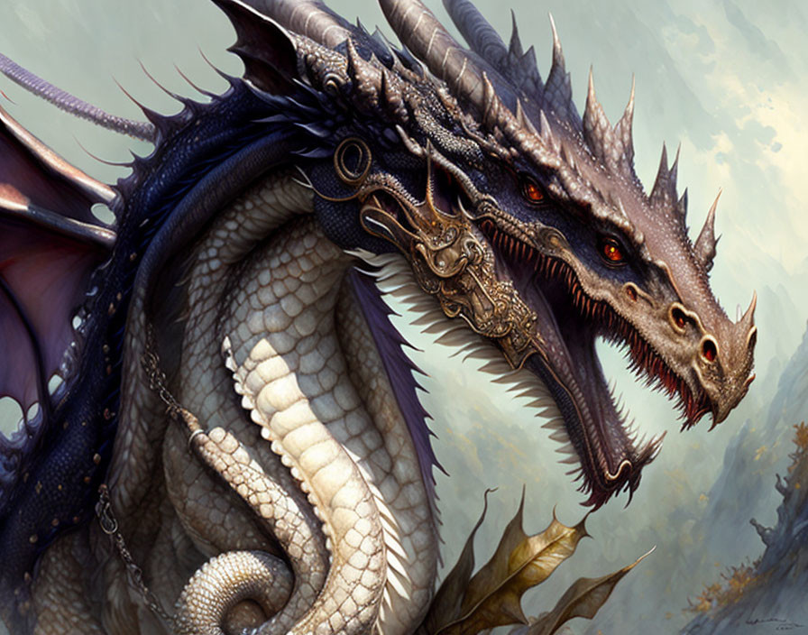Multi-headed blue and brown dragon with sharp horns and red eyes against cloudy sky.