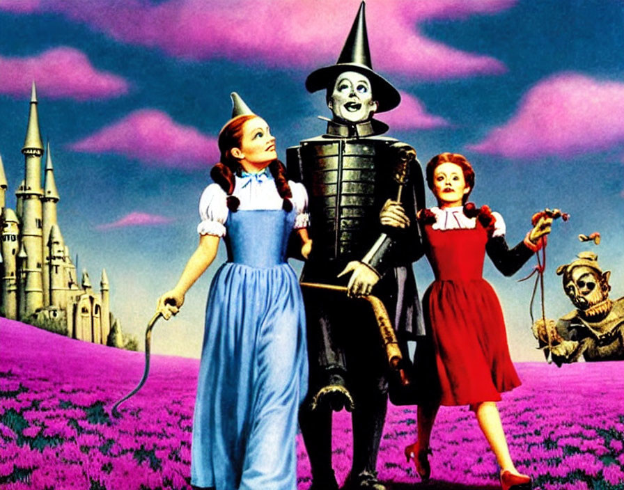 Three individuals in costumes on purple field with castle in background