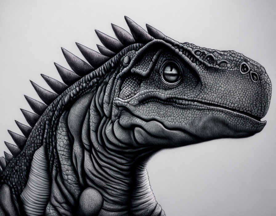 Monochrome dinosaur illustration with scales, large eyes, and head spikes