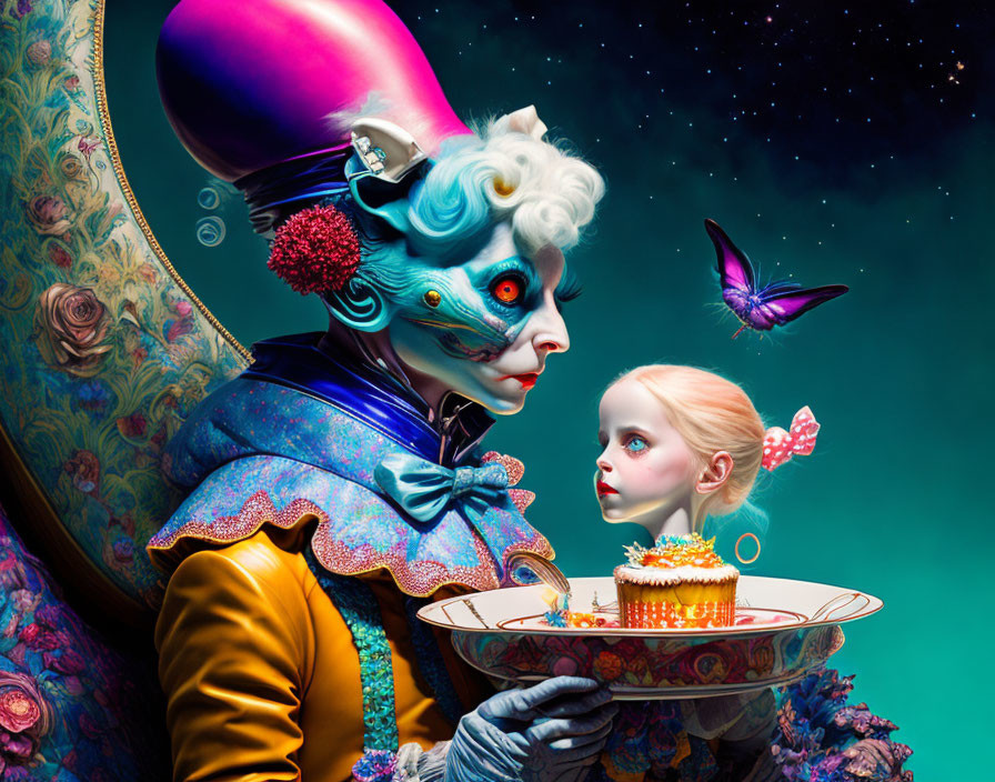 Colorful character in elaborate costume presenting cake to child in whimsical digital artwork
