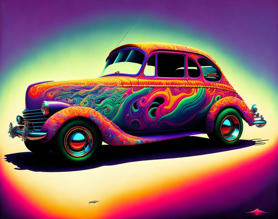 Vibrant classic car with psychedelic patterns on neon-like glow against purple and pink background