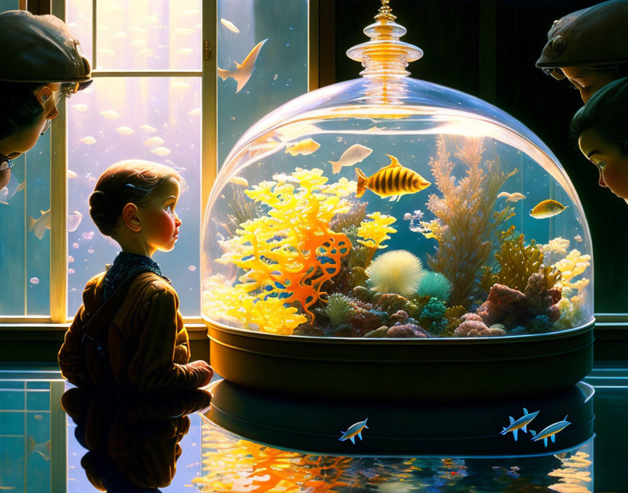 Child observing colorful fish in glowing fishbowl with onlookers in dimly lit room