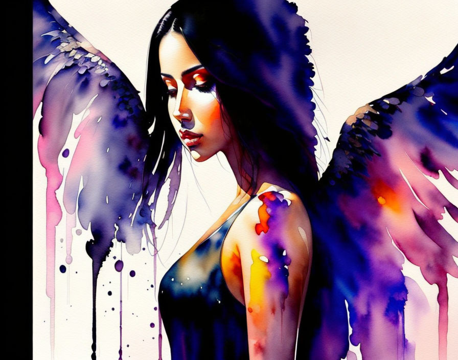 Colorful watercolor painting of a woman with artistic wings resembling bird feathers and paint drips.