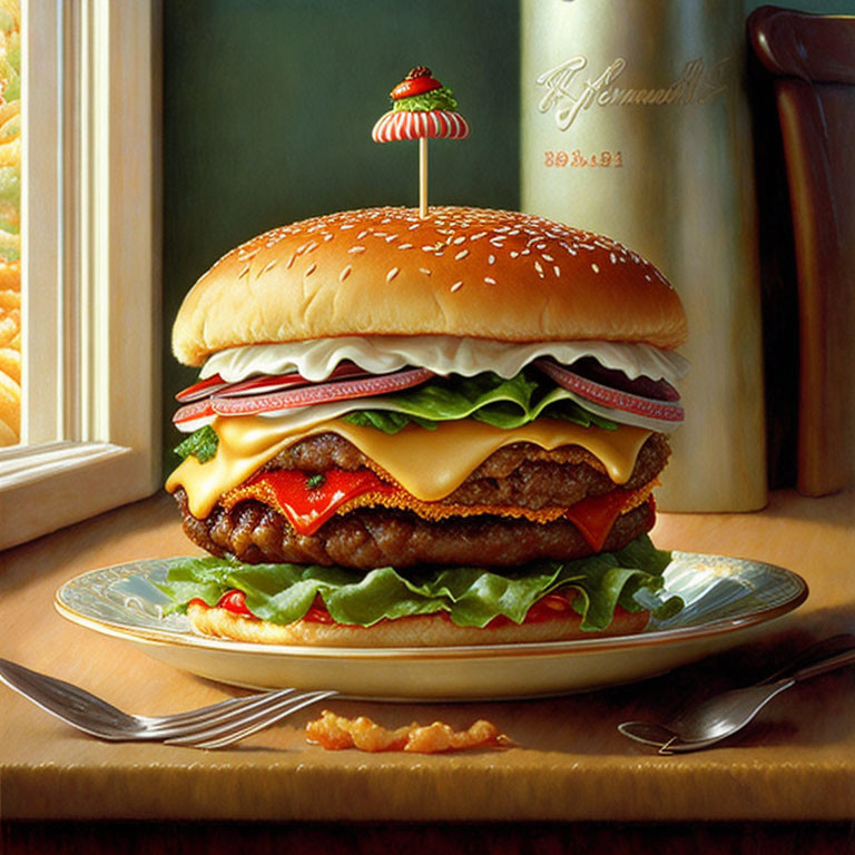 Realistic painting of double cheeseburger with lettuce, tomato, and olive on toothpick beside metal pitcher