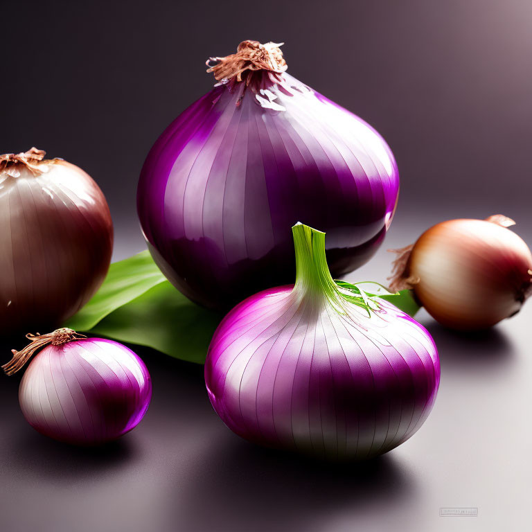 Purple and Red Onions with Green Leaf on Dark Background: Shiny Texture and Vibrant Colors