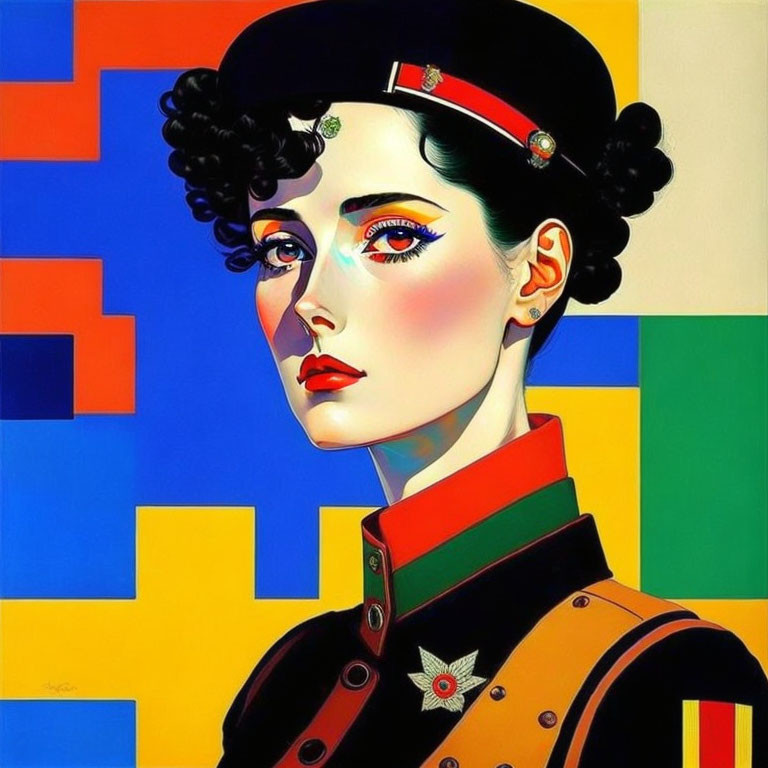 Colorful Geometric Military Uniform Portrait of Woman