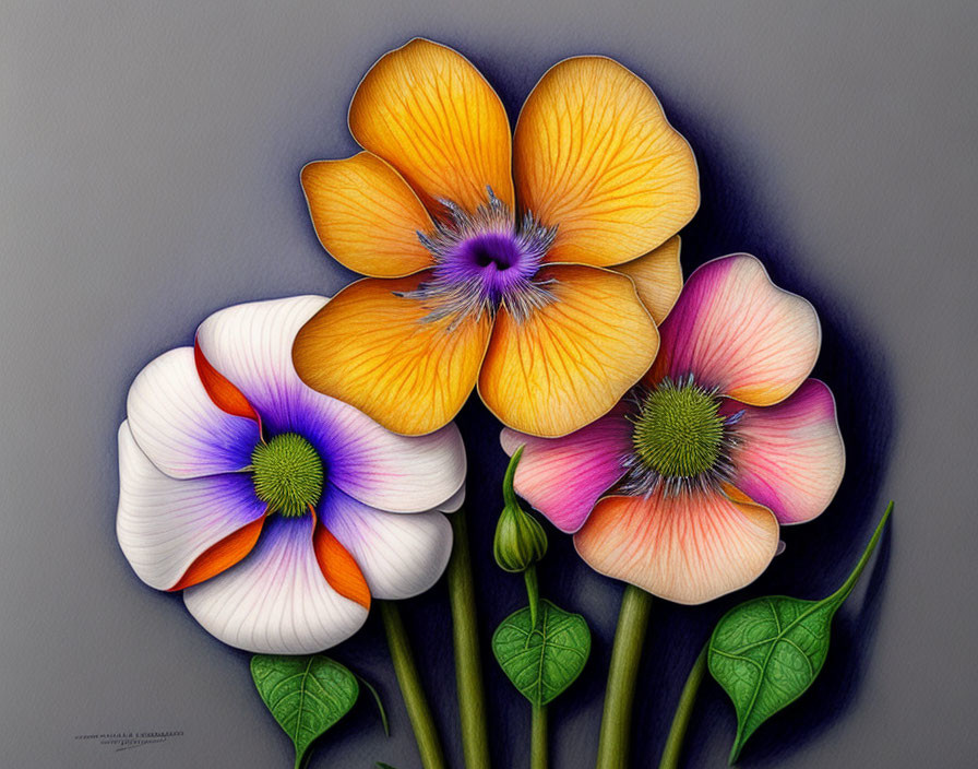 Vibrant illustration: Three colorful flowers on grey background