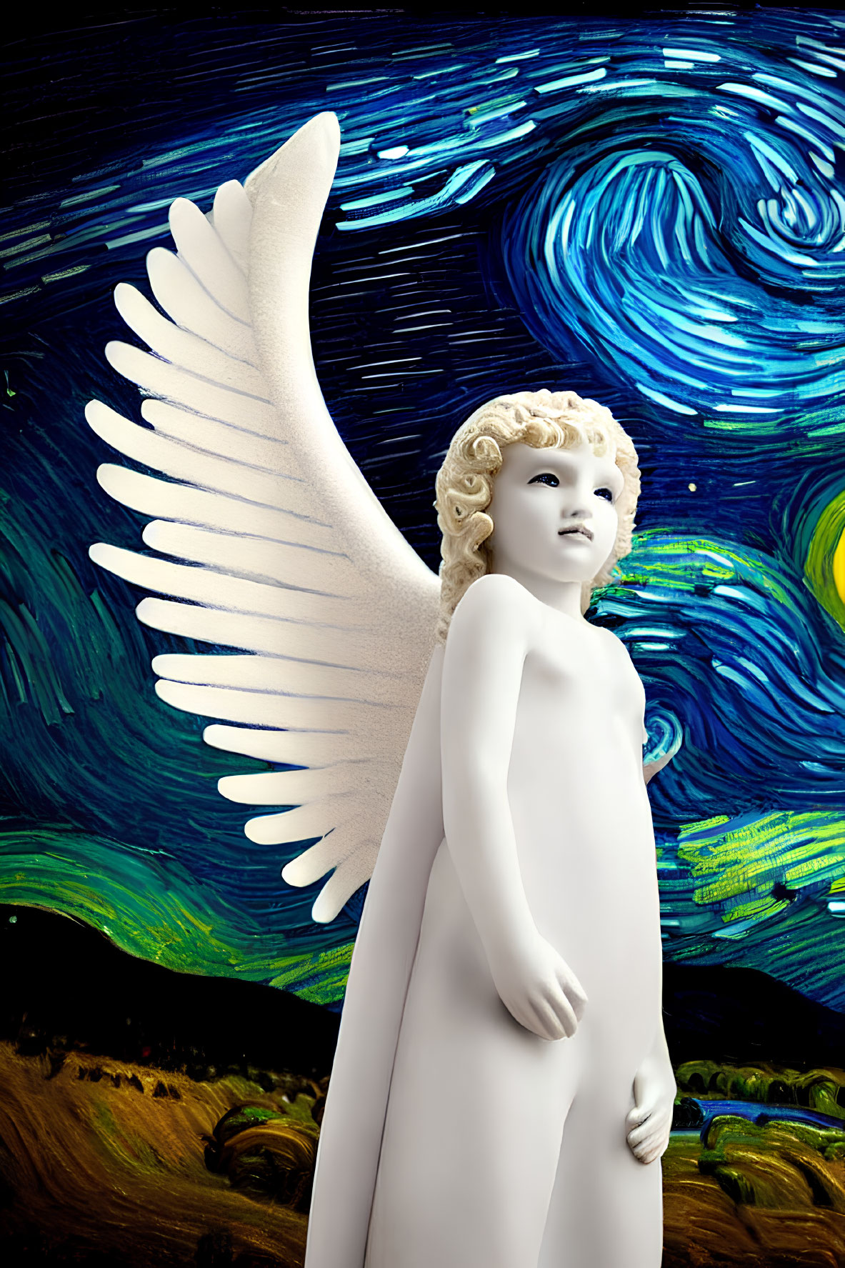 Angel statue with extended wing against swirling blue and gold backdrop inspired by Starry Night