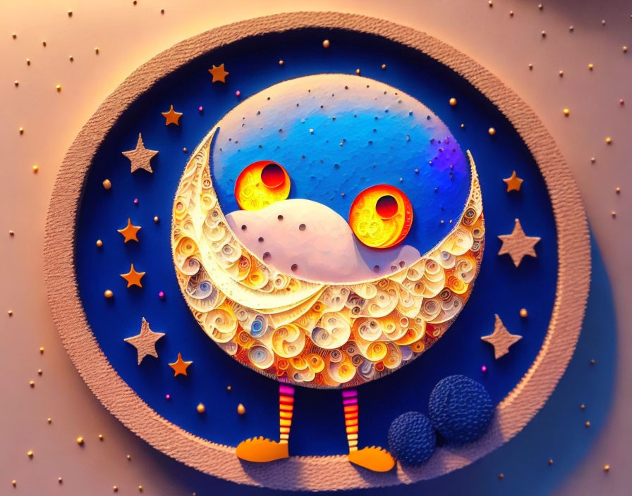 Whimsical moon with face and striped socks in circular frame surrounded by stars