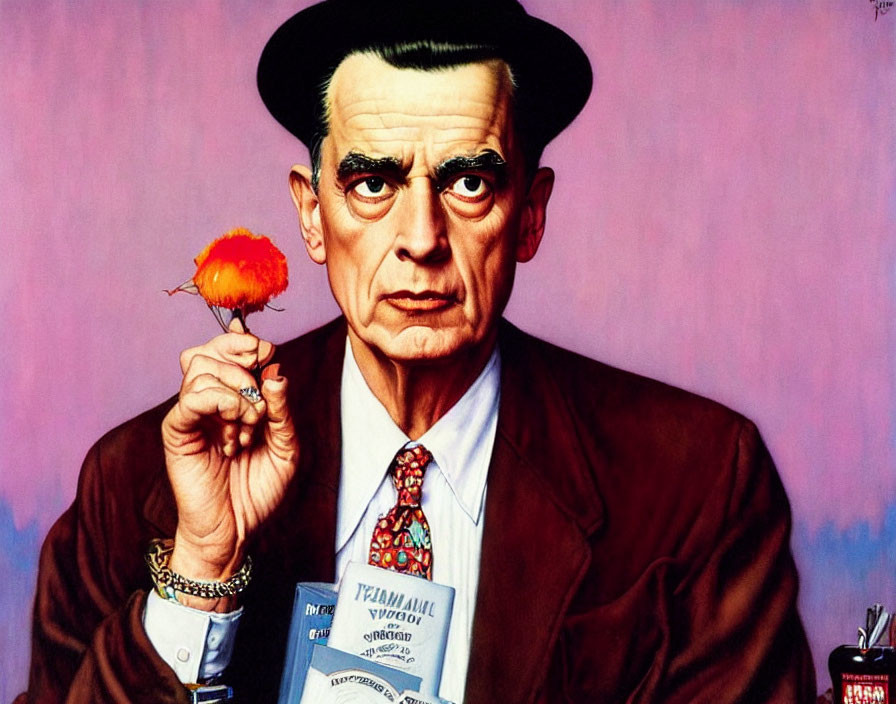 Stylized portrait of a man in suit and hat with candy apple