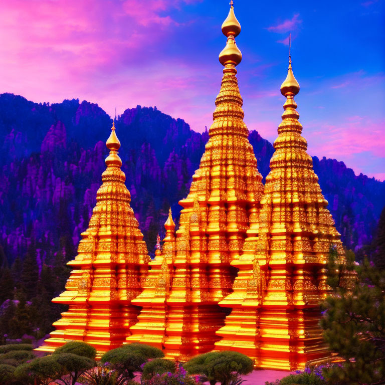 Vibrant pink and blue sky with golden pagodas and lush green trees
