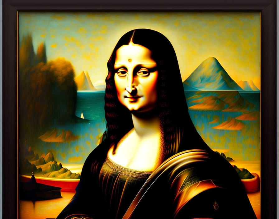 Stylized Mona Lisa with exaggerated shadows and highlights against mountain and water backdrop
