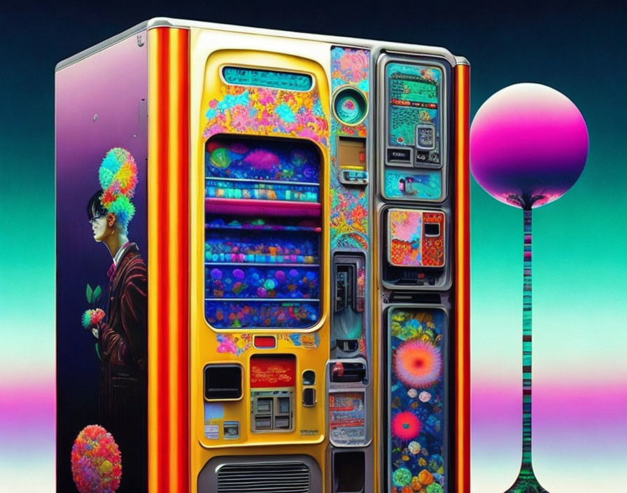 Colorful surreal artwork: Person by vibrant vending machines in neon setting.