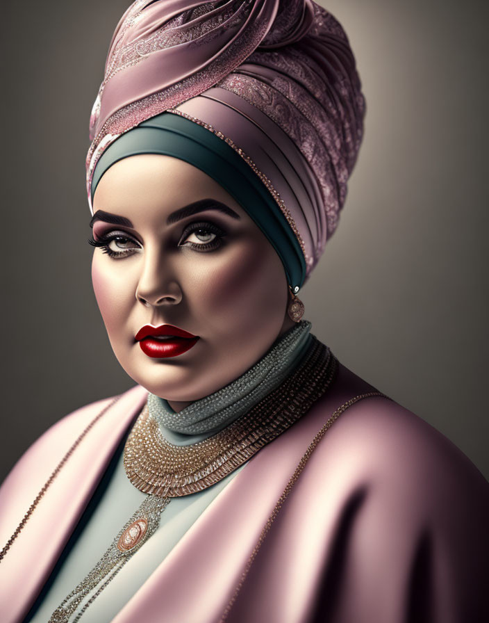 Illustration of woman in pink turban, dramatic makeup, elegant jewelry on grey background