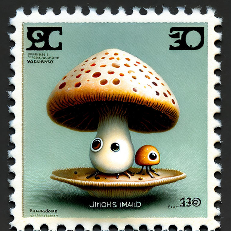 Anthropomorphized mushroom postage stamp, red and white cap, priced at 30 currency units