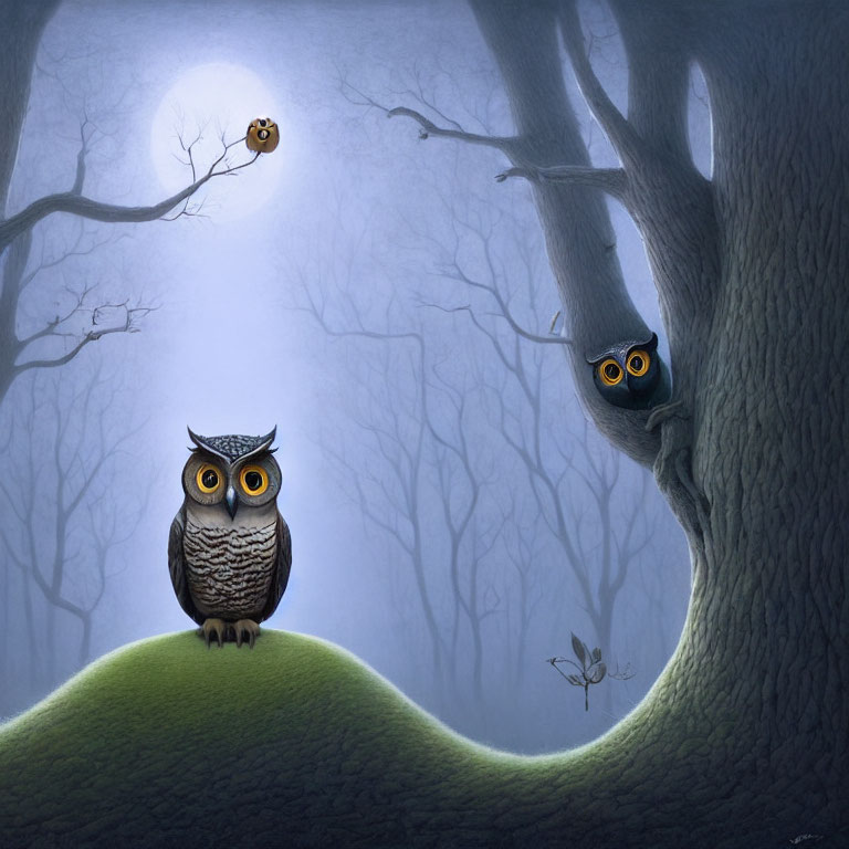 Night scene with owls, moonlit sky, butterfly, and bird illustration.
