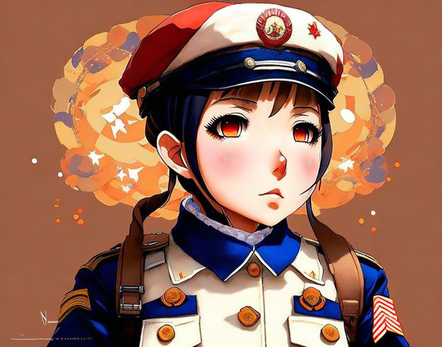 Young girl in military-style uniform with large eyes on abstract beige background