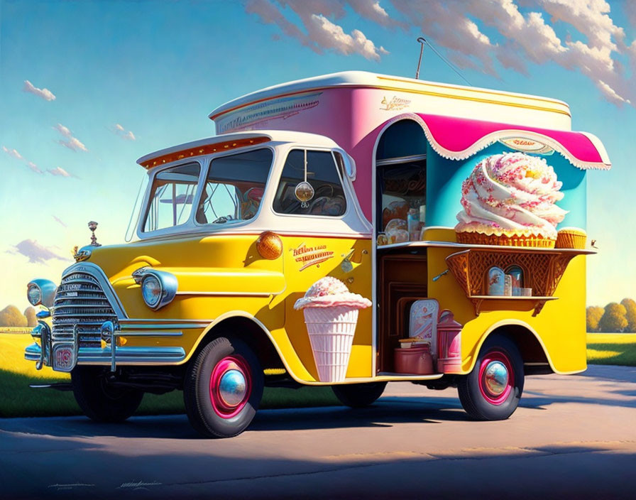 Vintage Ice Cream Truck with Open Service Window and Colorful Ice Cream Images Under Blue Sky