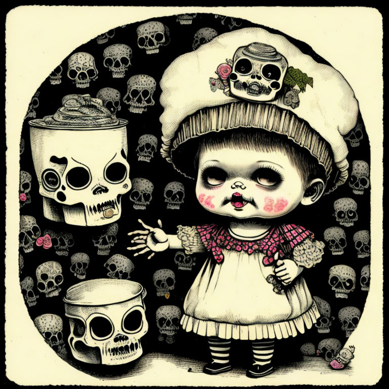 Gothic child illustration with skull motifs in dark theme