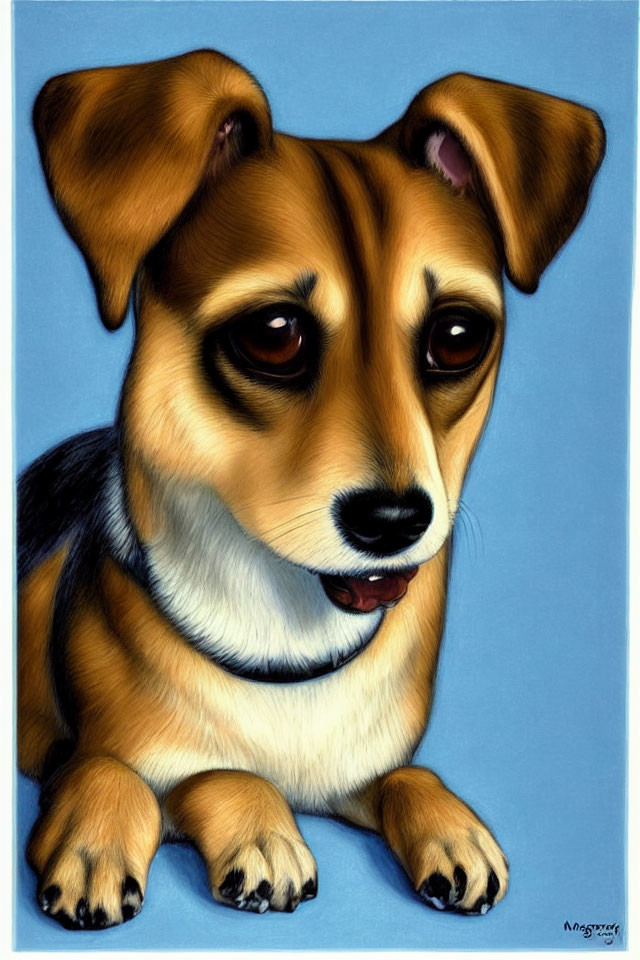Brown and White Dog Illustration with Expressive Eyes on Blue Background