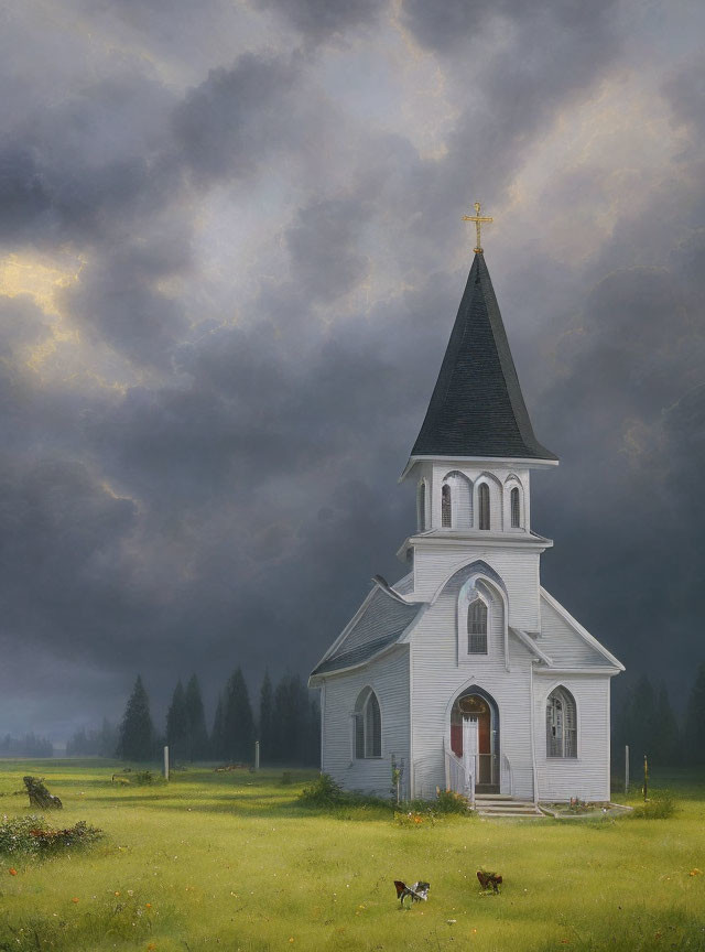 White church with steeple under dramatic sky in green meadow