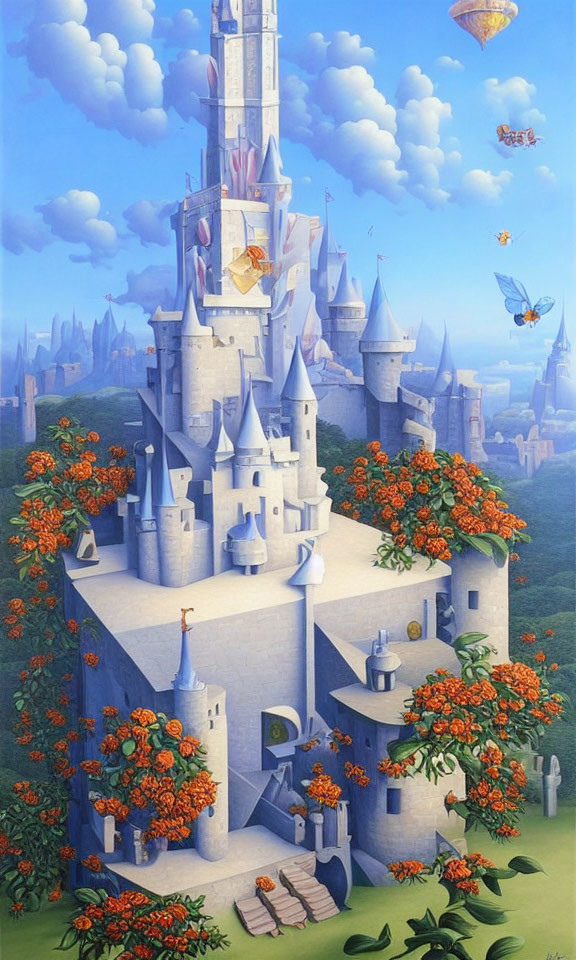 Whimsical painting of tall castle with blue roofs and airships