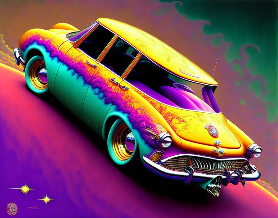Colorful Vintage Car Artwork with Psychedelic Style