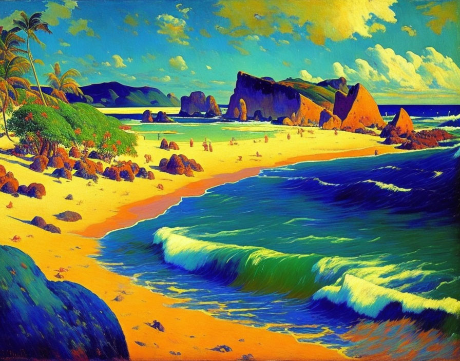 Scenic beach landscape with blue waves, golden sand, rocks, and green foliage