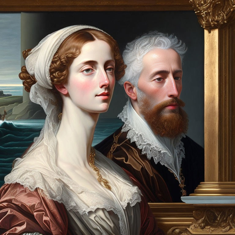 Classical portrait of woman and man in historical attire against seascape backdrop