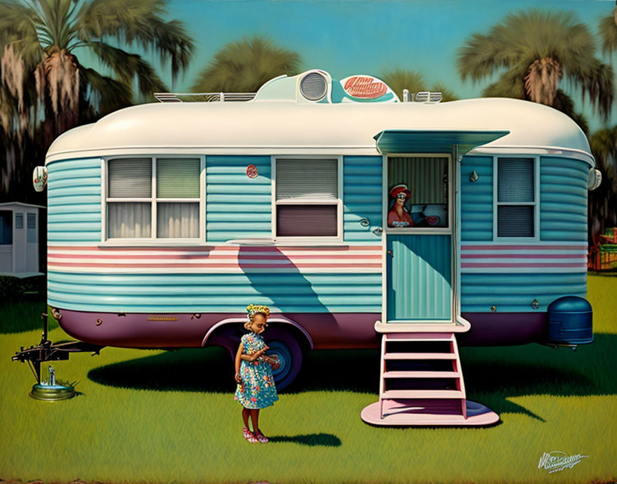 Vintage-Style Painting: Blue and White Trailer with Woman and Child among Palm Trees