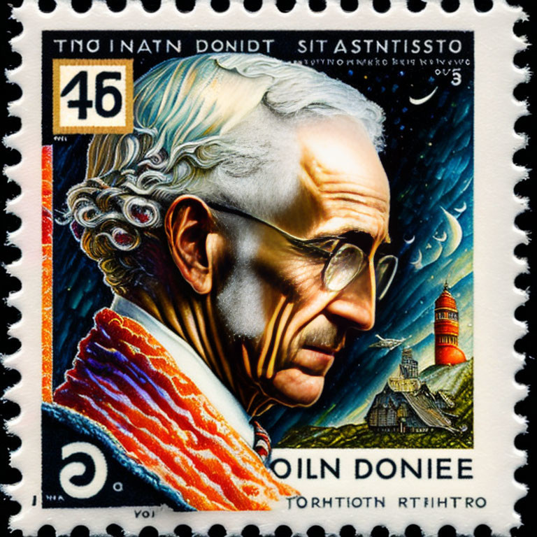 Profile Portrait of Older Man with Gray Hair and Lighthouse on Postage Stamp