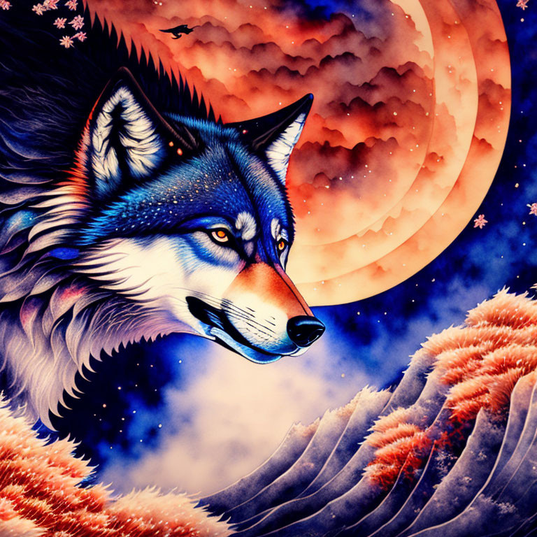 Colorful Wolf Illustration with Moonlit Sky and Swirling Clouds