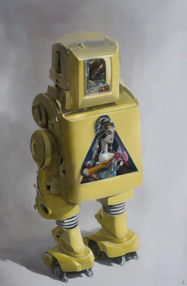 Yellow Retro-Styled Robot with Cartoon Screen on Chest Against Gray Background