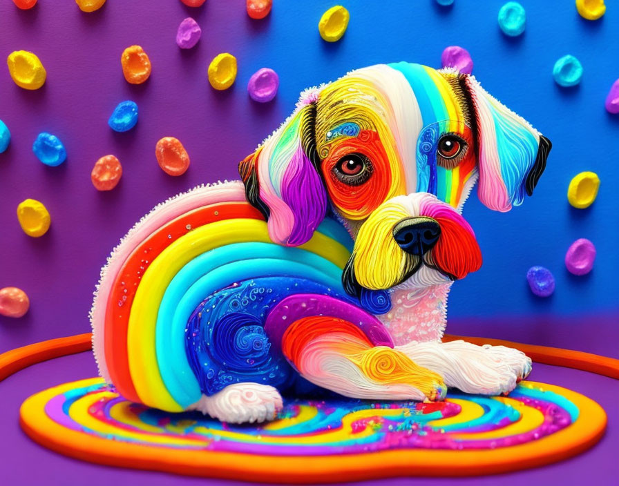 Colorful Stylized Painting of Dog with Rainbow Pattern and Candies on Purple Background