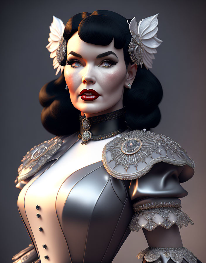 Stylized 3D illustration of woman in vintage attire with bold makeup and ornate silver armor