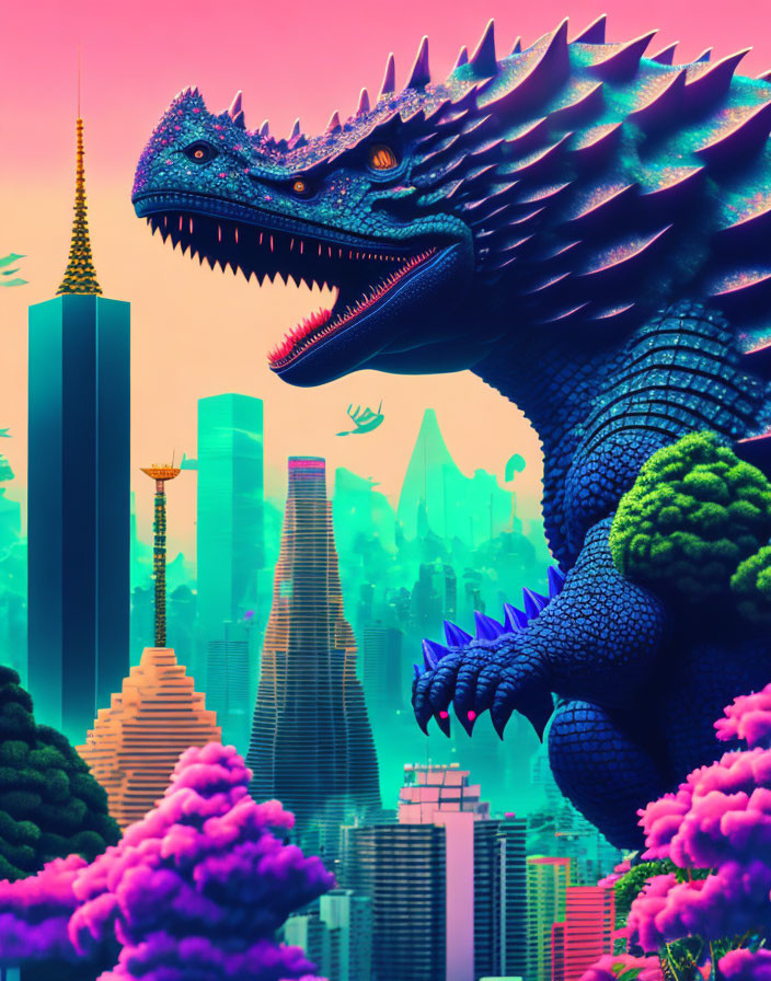 Colorful artwork: Giant blue dragon over futuristic cityscape at sunset