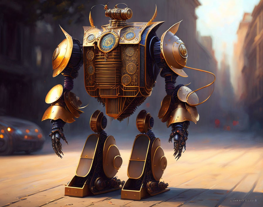 Steampunk robot with brass and gold accents in urban setting