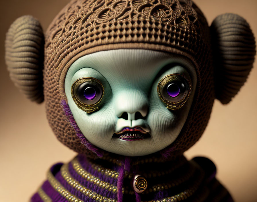 Whimsical creature with purple eyes and green skin in intricate headgear