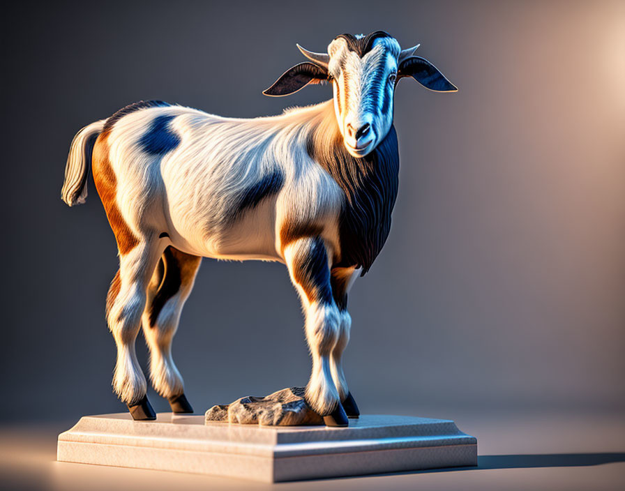 Multicolored goat on rock platform with warm lighting