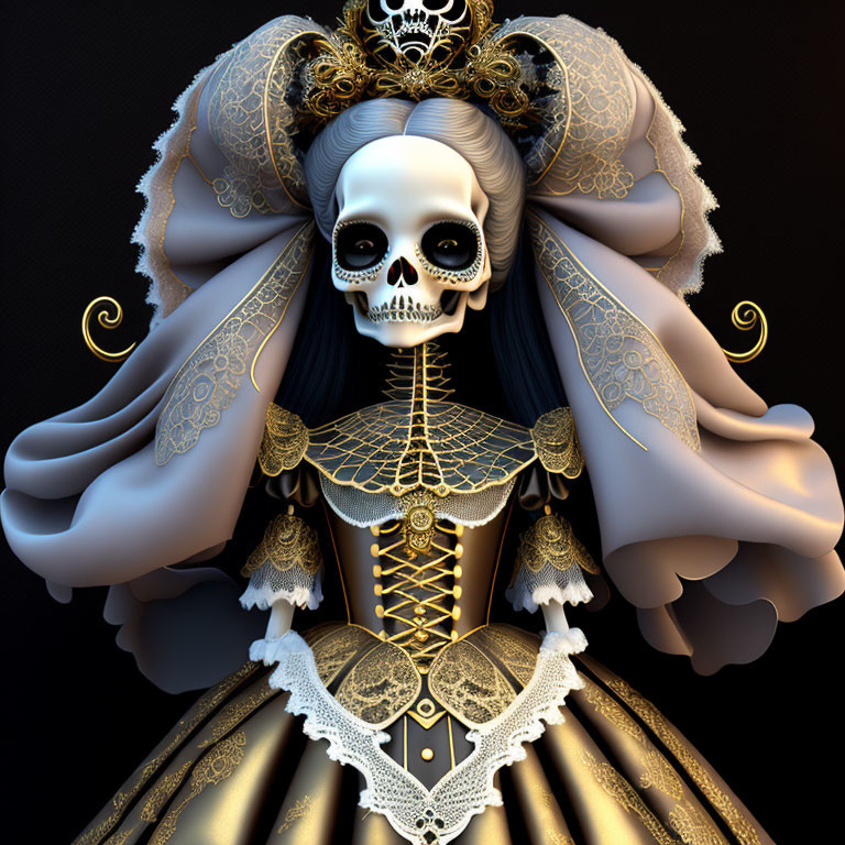 Elaborately dressed skeleton figure with lace and gold details on dark background