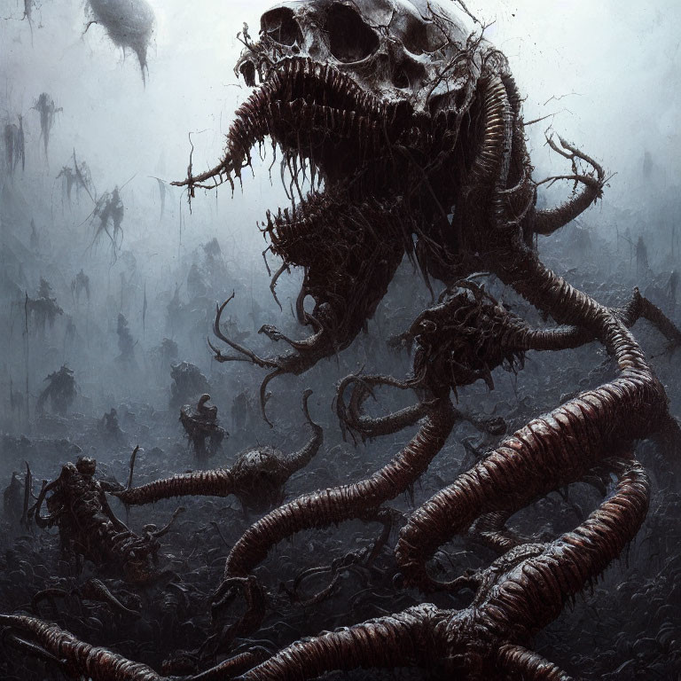 Dark, foggy landscape with giant skull-like creature and tentacles