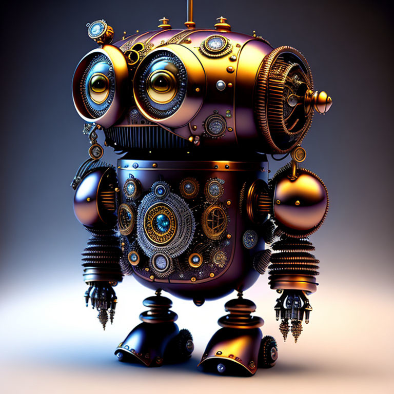 Steampunk robot with intricate gears and rivets on gradient background