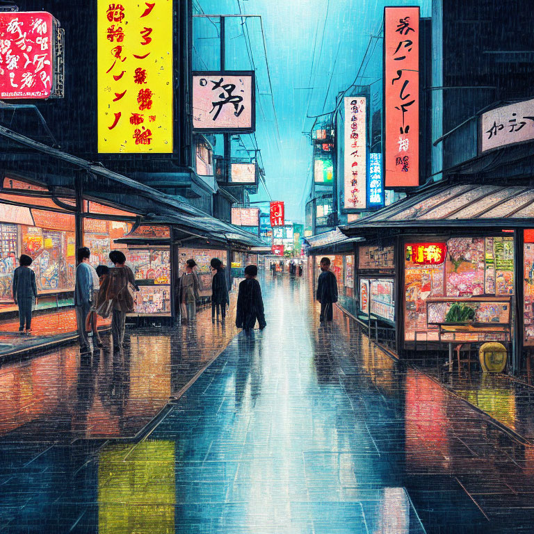 Night street scene with neon signs, wet pavement, strolling people, and shops under rainy sky