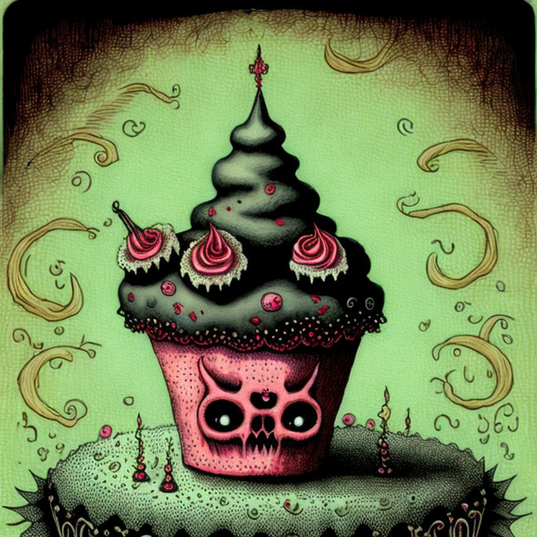 Stylized gothic cupcake with skull wrapper and smaller cupcakes in green ambiance